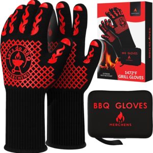 MERCHENS BBQ Fireproof Extreme Heat Resistant Silicone Grill Gloves w/ Protective Case (Red)